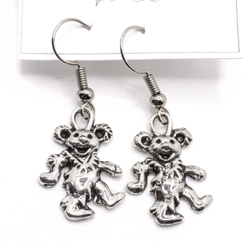 Handmade Silvertone Grateful Dead Dancing Bear Dangle Earrings, New